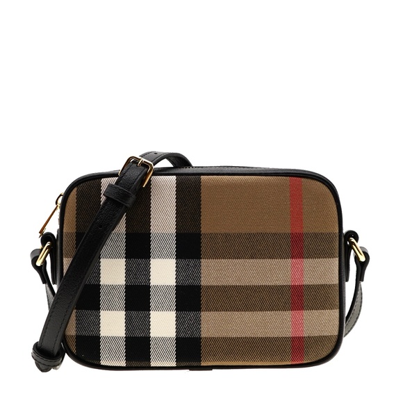 Burberry Camera Bag Check Canvas And Black Leather Crossbody New